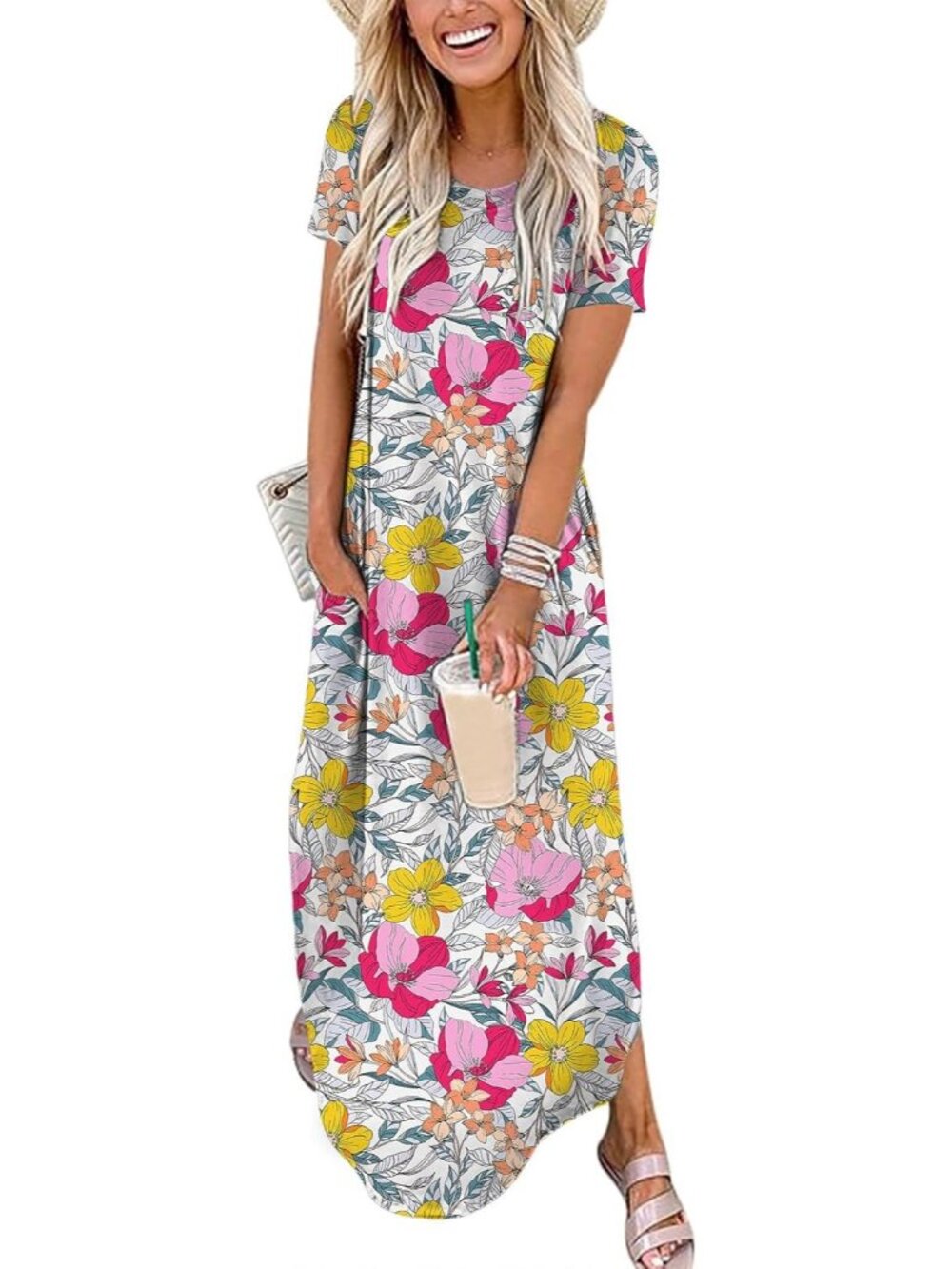 Women's Floral Pink Summer Maxi Dress Short Sleeve Casual Split Beach T Shirt